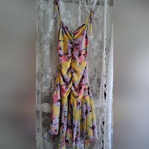 NWTBetseyJohnson 10 80s-90s Chiffon Yellow and Pink Dropwaisted Hankerchief Hem.